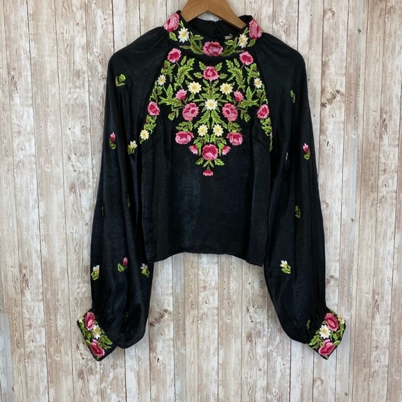 Free People Jessica High Neck Embroidered Black Peasant Blouse Top Boho Gypsy - Picture 8 of 16